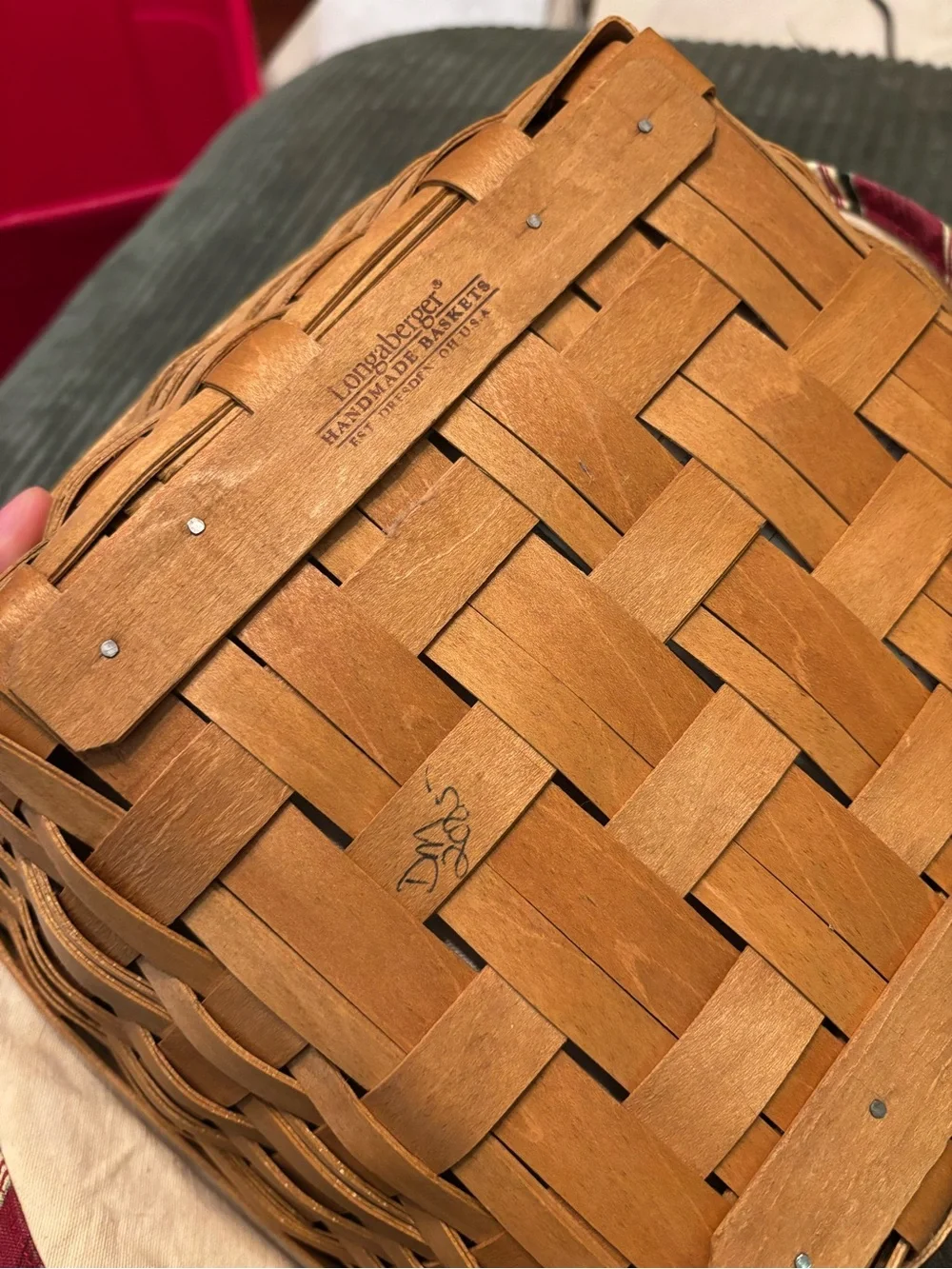 square handled Longaberger basket with fabric and plastic divided liner 2005